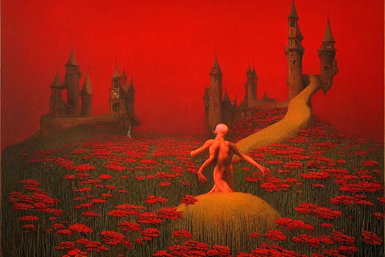 Image similar to only with red, red flowers of different types, a red tiger, a castle in the background, medieval demons dance over the flowers, an ancient path, in the style of beksinski, part by hopper, part by rodcenko, part by hofbauer, intricate composition, red by caravaggio, insanely quality, highly detailed, masterpiece, red light, artstation