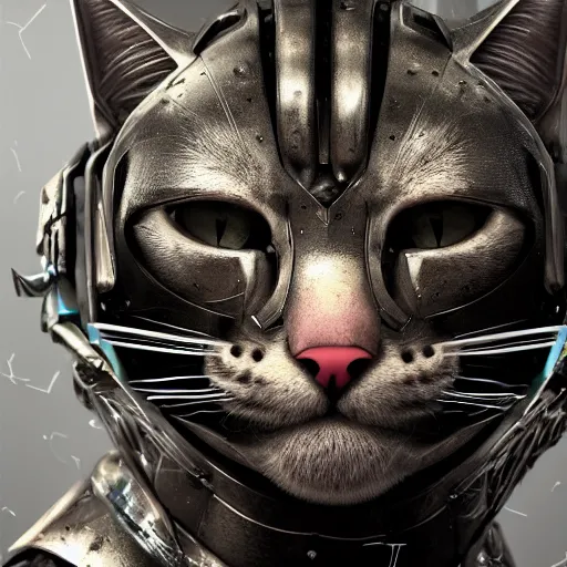 Image similar to , fantasy, hyper detailed, futuristic, technoclose up of a cat wearing iron head armor, very detailed, cinematic atmosphere, arnold render, trending on artstation, cgsociety