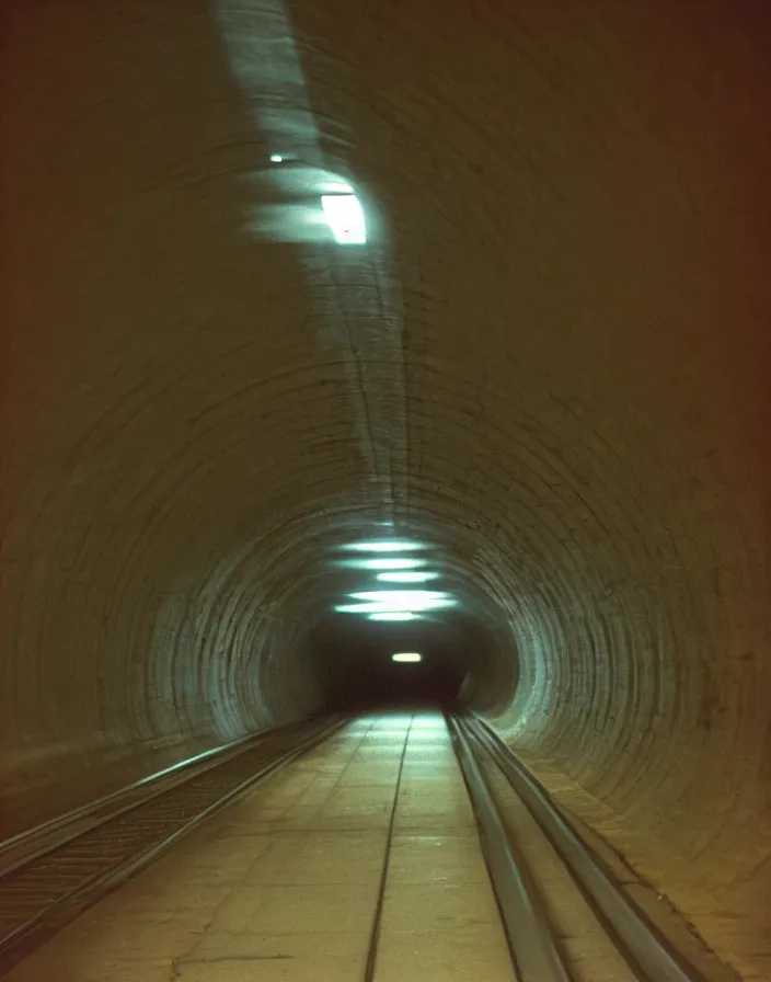 Image similar to tunnel under detroit airport, telephoto zoom, 2 0 0 mm, kodak kodachrome 6 4,