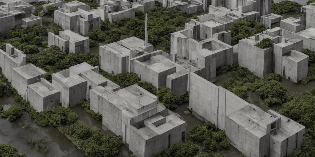 Image similar to brutalist concrete pyramids by Le Corbusier, abandoned temples, empty city streetscapes, surrounded by lush green vegetation, ground-level view, puddles of water, stunning volumetric lighting, sunset, trending on Artstation, 8k, photorealistic, hyper detailed, unreal engine 5, cinematic, epic lighting, cryengine, octane render, cyberpunk,, dark, gloomy