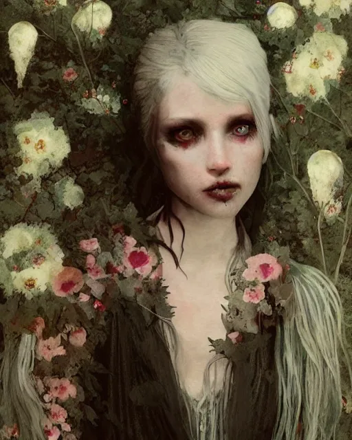 Image similar to a beautiful but creepy young woman in layers of fear, with haunted eyes, violence in her eyes, crazy white hair, wearing a punk outfit, 1 9 7 0 s, seventies, delicate embellishments, a little blood, woodland, moonlight shining on wildflowers, painterly, offset printing technique, by alexandre cabanel