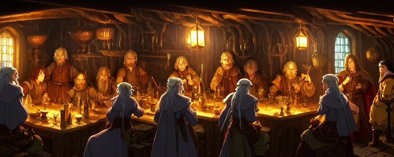 Image similar to A multidimensional cozy tavern, screenshot from medieval Lord of the rings anime hidden object game, cinematic lighting, epic composition, cartoon, animation, background art, post processing, 8K resolution, elegant, highly detailed, digital painting, artstation, concept art, matte, sharp focus, illustration, art by da Vinci, Artgerm and Greg Rutkowski and Alphonse Mucha and billy butcher