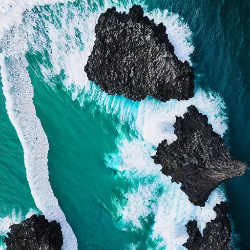 Prompt: drone photography this is a land on an unforgiving world of churning oceans and jagged coastlines. every habitable island is situated somewhere along the planet's equator where the weather is still volatile but more hospitable than any points to the north or south, behance contest winner