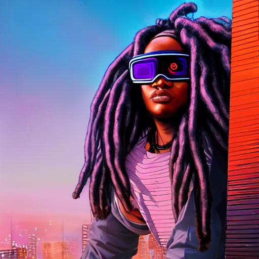 Prompt: a bbw black woman with dreadlocks and cyberpunk goggles sitting on top of a skyscraper in the cyberpunk city at sunset, by greg rutkowski and android jones and Alena Aenami in a surreal portrait style, oil on canvas, cyberpunk, vibrant color scheme, 8k