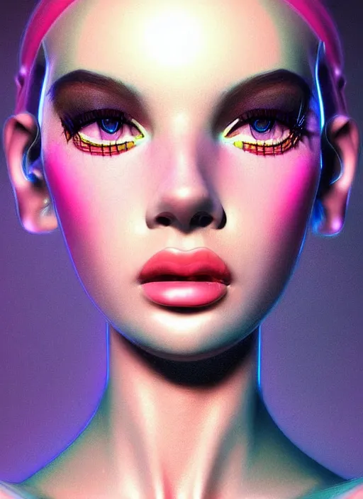 Image similar to photorealistic portrait of female humanoid, cyber neon lights, highly detailed, retro 6 0 s haute couture fashion, elegant, crispy quality, trending in artstation, trending in pinterest, glamor pose, no signature, no watermark, cinematic, art by pascal blanche