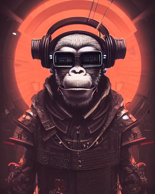 Prompt: a portrait of an anthropomorphic cyberpunk monkey in the style of a cyberpunk samurai, detailed render, epic composition, cybernetics, 4 k realistic, tape deck, cryengine, drums, cymbal, bass drum, realistic shaded lighting, sharp focus, sharp lines, futuristic, colored in, masterpiece, by enki bilal