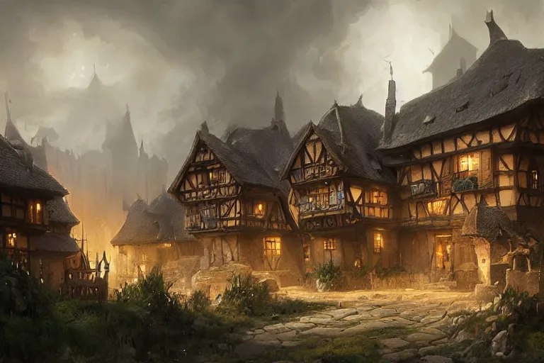 Prompt: fantasy house tavern in german medieval style, concept art on black background, darek zabrocki, greg rutkowski noah bradley,