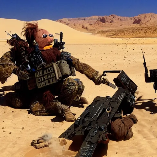 Prompt: special forces muppets fighting in the desert. epic action movie production photograph.