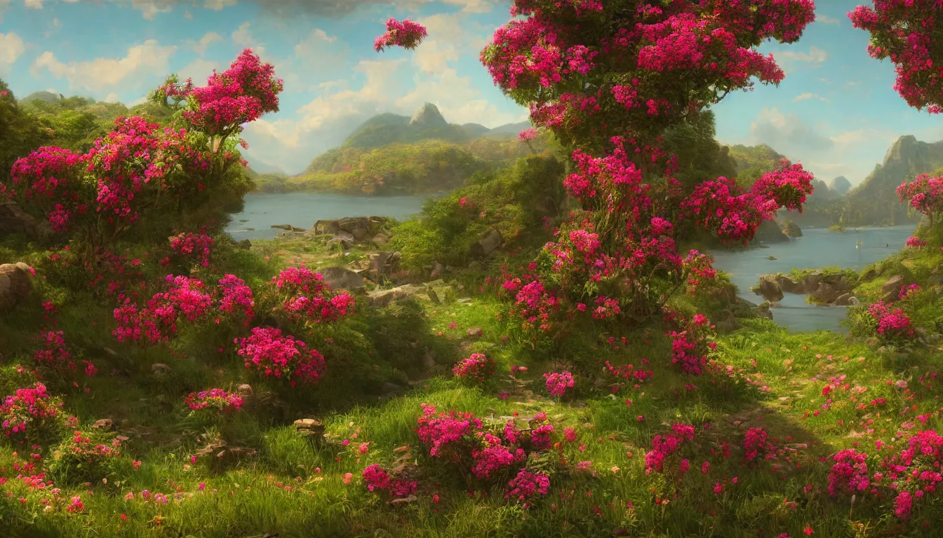 Prompt: An epic fantastic realism comic book style painting of the most beautiful flowers covering a landscape where lovers frolick, fisheye lens, painted by the Hudson River school, unreal 5, DAZ, hyperrealistic, octane render, dynamic lighting