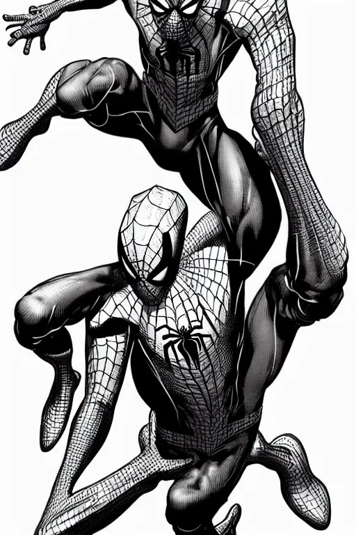 Image similar to full body portrait of spiderman, concept art, sumi - e style, intricate linework, artstation, trending, highly detailed, smooth, focus, art by yoji shinkawa and glenn fabry,