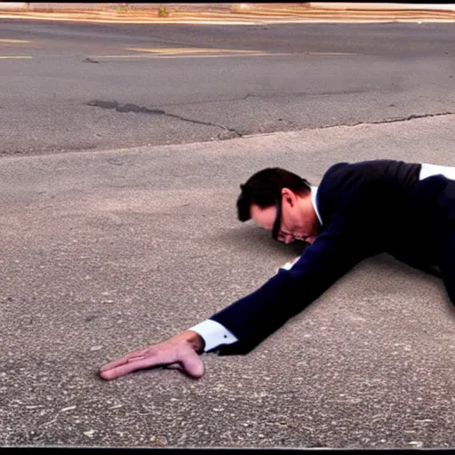 Prompt: a realistic photograph of a rabid politican splooting on the ground