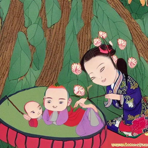 Prompt: animated chinese fairytale forest babies with ginseng leaves for their hair