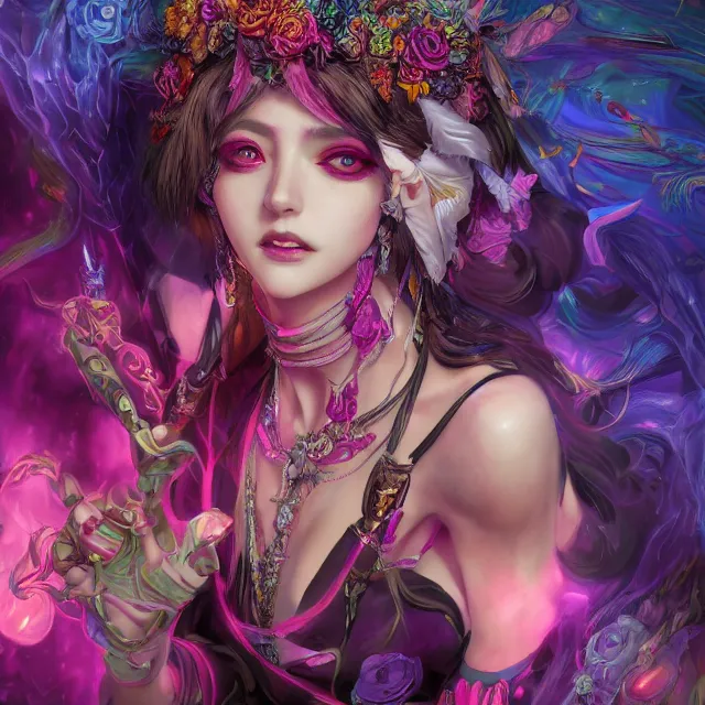 Prompt: the portrait of chaotic evil fallen sensual colorful female necromancer overlord as absurdly beautiful, gorgeous, elegant, sensual young idol, an ultrafine hyperdetailed illustration by kim jung gi, irakli nadar, detailed faces, intricate linework, bright colors, octopath traveler, final fantasy, unreal engine 5 highly rendered, global illumination, intricate environment