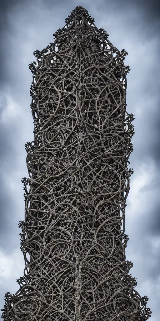 Image similar to a professional photograph of a beautiful modern building by Louis Sullivan and H.R. Giger covered in black ironwork vines, rusticated stone base, stone stone, a dramatic sky, Sigma 75mm, ornate, very detailed, hyperrealistic, liminalspaces, Symmetrical composition, centered, intricate, panoramic, Dynamic Range, HDR, chromatic aberration, Orton effect, 8k render, photo by Marc Adamus, cinematic, cgsociety, vignette, vignette , artstation,