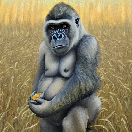 Prompt: a portrait of a posed petite silver gorilla in a cornfield, oil painting, pale colors, high detail, 8 k, wide angle, trending on artstation,