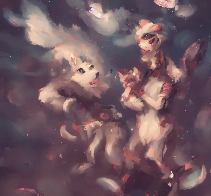 Image similar to vtuber in furry costume, dark colors, acrilic paint, brush paint, heavenly atmosphere, paint, ultra detailed, beautiful image, resolution, artstation