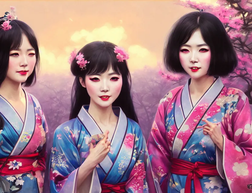 Image similar to two beautiful fashion taiwan girls wear fantasy yukata in festival | | big eyes, sunny, dreamlike art, realistic shaded, smile, good looking, fine details, 4 k realistic, cryengine, realistic shaded lighting poster by greg rutkowski, magali villeneuve, artgerm, jeremy lipkin and michael garmash and rob rey