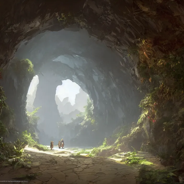 Image similar to arc hallway for secret overwatch living quarters carved inside a cave surrounding a lush garden, trimmed, magical, natural light, clean lines, cozy, fantasy, minimalist architecture, sharp focus, concept art, by greg rutkowski and craig mullins,, octane render 8 k