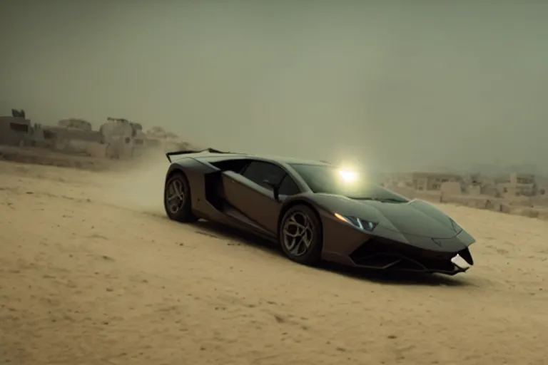 Image similar to A cinematic film still of a Lamborghini in the movie Blade Runner: 2049.