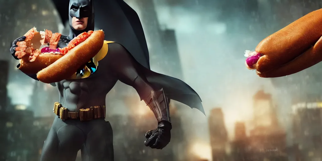 Prompt: Batman is eating a hotdog, cinematic shot, epic, volumetric lighting, made by Stanley Artgerm Lau, WLOP, Rossdraws, ArtStation, CGSociety, concept art, cgsociety, octane render, trending on artstation, artstationHD, artstationHQ, unreal engine, 4k, 8k,