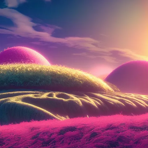 Image similar to panorama,utopia,science fiction,bio-inspired,organic,sunny,michael whelan,retro wave, pink hues,octane render