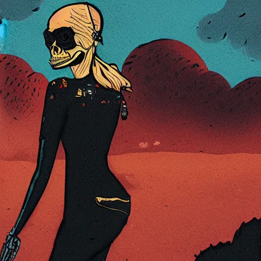 Image similar to a colorfully detailed comic noir style illustration of a beautiful woman wearing a skeleton suit in a post-apocalyptic desert by queens of the stone age and sachin teng, dark vibes, street art, cinematic, high contrast, depth of field