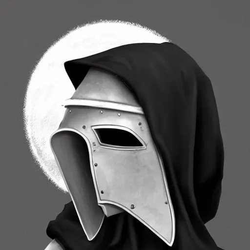 Image similar to female plague doctor donning a black hood, steel knightly armor and a white crow mask, trending on artstation