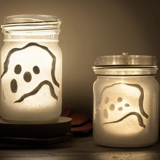 Prompt: a glowing ghost contained in a jar, realistic illumination