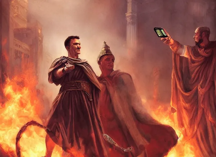 Image similar to julius caesar taking a selfie with an iphone as rome burns behind him by charlie bowater and john howe