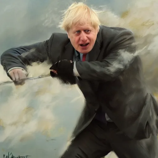 Image similar to close up of boris johnson fighting global warming, cinematographic shot, by daniel f. gerhartz