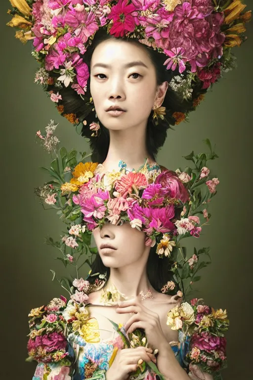 Image similar to a beautiful portrait of an empress in her garden, with a brilliant, impossible striking big flower headpiece, clothes entirely made out of flowers, symmetrical, closeup, dramatic studio lighting, rococo, baroque, jewels, asian, hyperrealism, D&D, fantasy, intricate, elegant, highly detailed, digital painting, artstation, octane render, 8k, concept art, matte, sharp focus, illustration, art by Artgerm and Greg Rutkowski and Alphonse Mucha