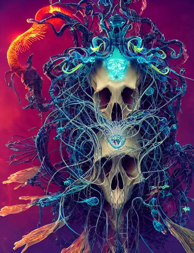 Image similar to witch phoenix macro close - up portrait with crown made of ram skull. phoenix, betta fish, jellyfish, bioluminiscent, plasma, ice, water, wind, creature, super intricate ornaments artwork by tooth wu and wlop and beeple and greg rutkowski