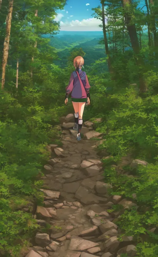 Prompt: an anime girl hiking the Appalachian Trail alone, three point perspective, anime scene, digital art, 4k ultra