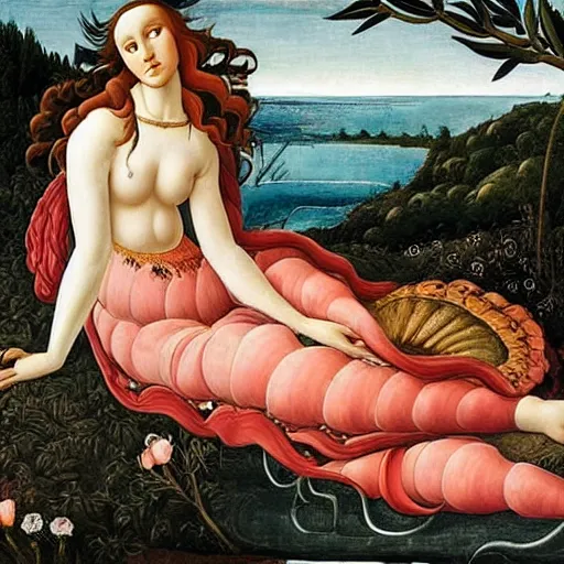 Image similar to an hyperrealistic mythological oil painting of a beautiful woman with long curly brown hair, full body, wearing floral chiton, lying in a giant scallop shell near the seashore, intricate, elegant, renaissance style, by sandro botticelli