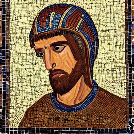 Prompt: realistic portrait of a crusader knight, with tanned skin, in a byzantine mosaic, very detailed, very realistic, elegant, top art, renowed artwork