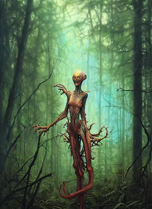 Image similar to hyper realistic magic alien in the woods in a river gorgeous lighting, lush forest foliage blue sky a hyper realistic painting by chiara bautista and beksinski and norman rockwell and greg rutkowski, tom bagshaw weta studio, and lucasfilm