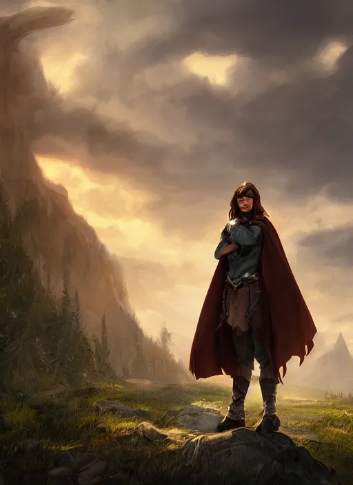 Image similar to An epic fantasy comic book style portrait painting of a young man with a long brown hair, a cloak waving in the wind in front of an epic fantasy landscape, unreal 5, DAZ, hyperrealistic, octane render, cosplay, RPG portrait, dynamic lighting