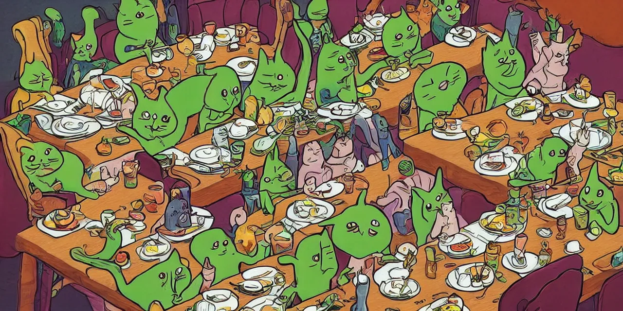 Prompt: long table big family style diner in the artistic style of slightly surreal cat in the cat book iconography but replace cat with little green aliens wearing costumes highly detailed