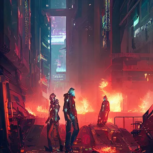 Prompt: cyberpunk rioters, detailed digital illustration by greg rutkowski, fire, placards, forced perspective, android netrunner