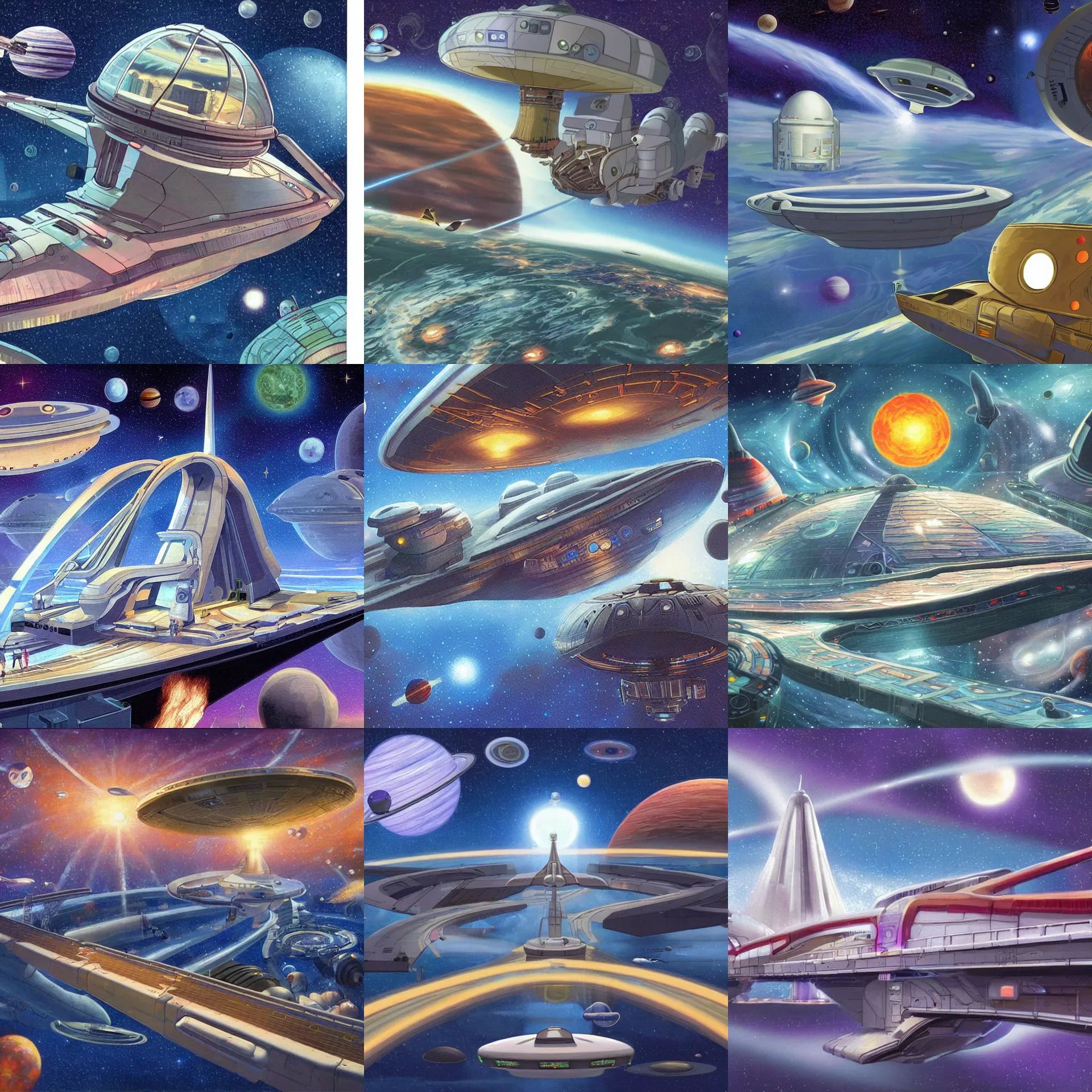 Prompt: the bridge onboard a large spaceship, from a space themed lucasarts point and click 2 d graphic adventure game, art inspired by thomas kinkade
