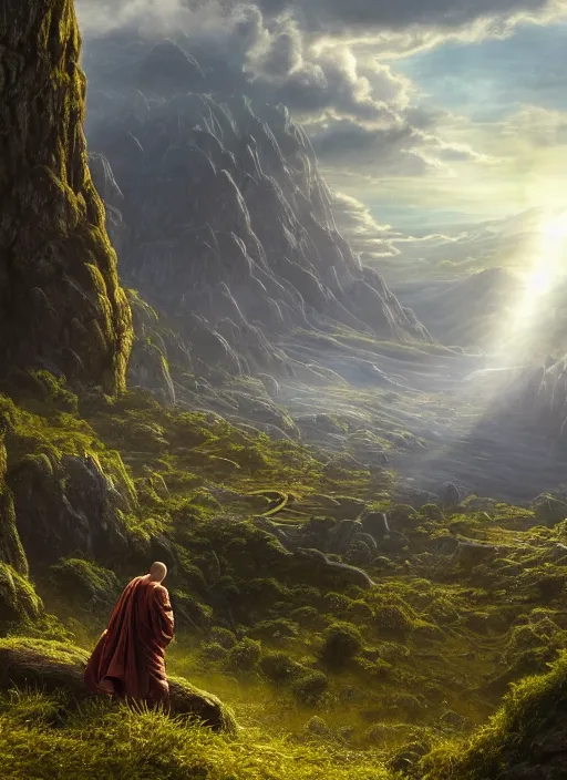 Image similar to a cosmic monk in lord of the rings scenery landscape, looking out at a vast lush valley at sunrise, gigantic temple of alien architecture in the distance, god's rays, highly detailed, vivid color, cinematic lighting, perfect composition, 8 k, gustave dore, derek zabrocki, greg rutkowski, belsinski, octane render