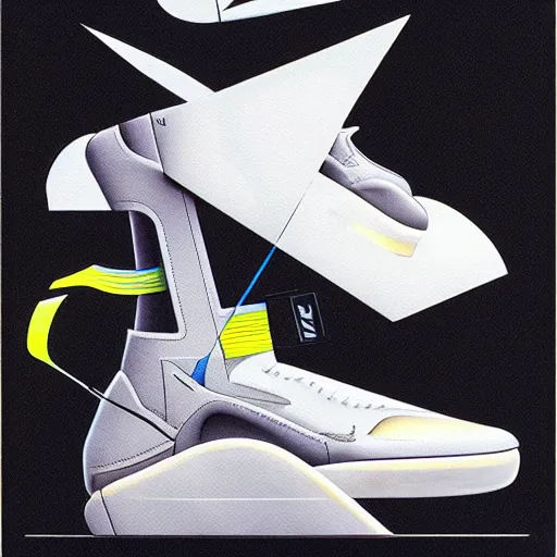 Image similar to retro futuristic Nike Air Mag x Off-white sneakers by syd mead, matte painting, geometric shapes