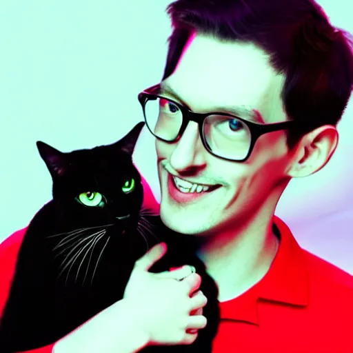 Image similar to portrait of neil cicierega holding his cat in the dark, red lighting, black background, their right eyes have lens flares