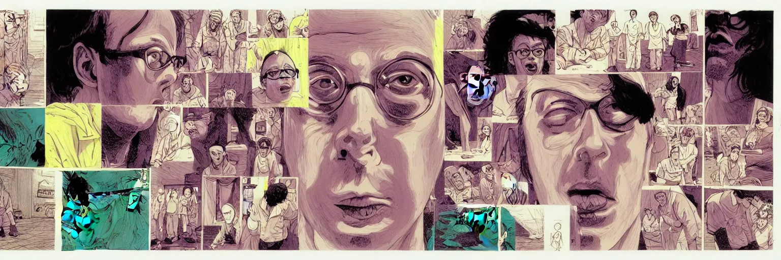 Image similar to character study of todd solondz tripping on mushrooms and becoming god | vivid colors : storyboard, dramatic and emotional, concept design, realistic. by gabriel hardman, joe alves, j. todd anderson, chris bonura. cinematic atmosphere, detailed and intricate, perfect anatomy