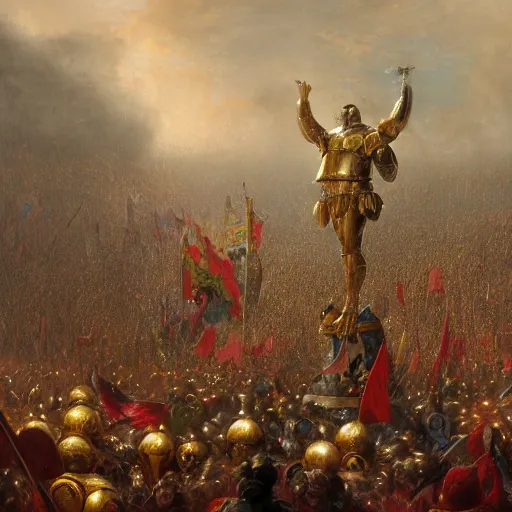 Image similar to artstation concept of a man in armor standing in a crowd gettig cheered, bright colorful, gold, hyperdetailed, artstation trending, world renowned artists, worth 1 0 0 0. com, historic artworks society, antique renewel, cgsociety, by greg rutkowski, by gustave dore, deviantart