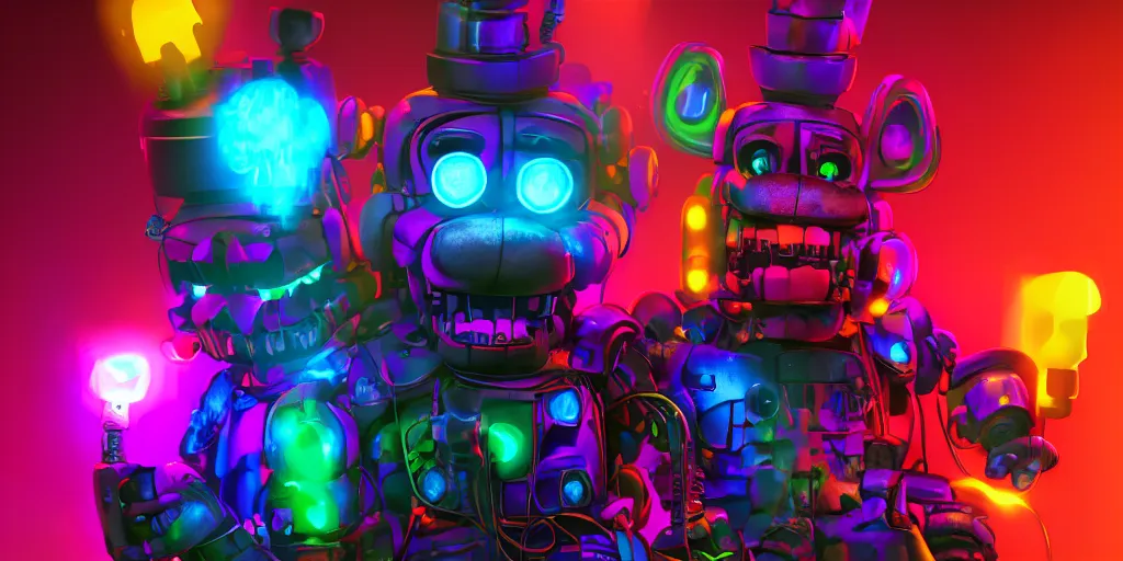 Image similar to fnaf freddy, cyberpunk, rgb, neon, hd, cinematic,