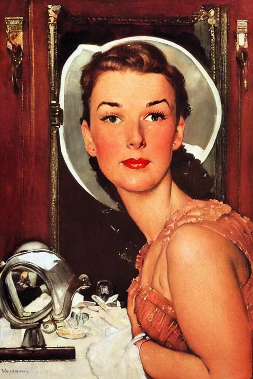 Image similar to portrait of a woman!! looking at the camera! brown hair!!!, eyes open!!, god rays! on a 1950s! ocean liner!! by norman rockwell, oil paint