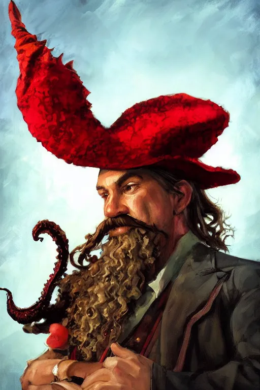 Image similar to A centered portrait of a smug drunken Cthulhu bard with a curly moustache and a large musketeer hat with a red feather by Craig Mullins, HD, broad shoulders::trending on artstation::painted sea on background by Craig Mullins