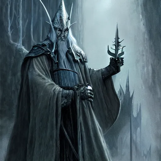 Image similar to gandalf the white facing the witch - king of angmar by marc simonetti