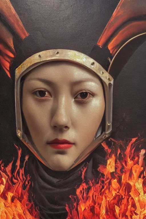 Prompt: hyperrealism oil painting, close-up portrait of medieval euopean fashion model, knight, steel gradient mixed with fire sky, in style of baroque mixed with 70s japan book art